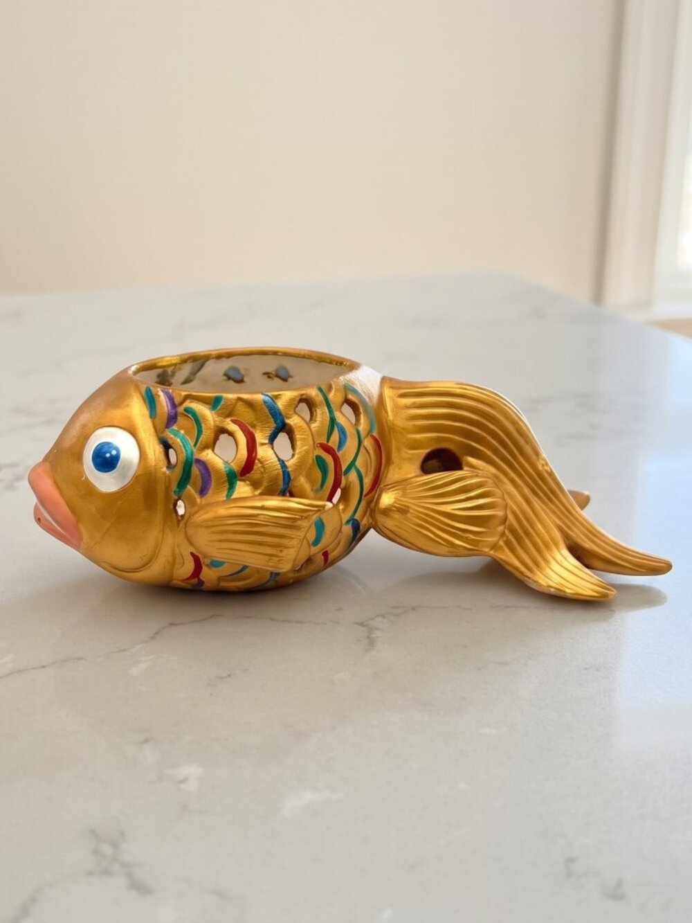 Signed Nancy Gold Ceramic Fish Candle Holder Pierced Colorful Coastal Decor 10"